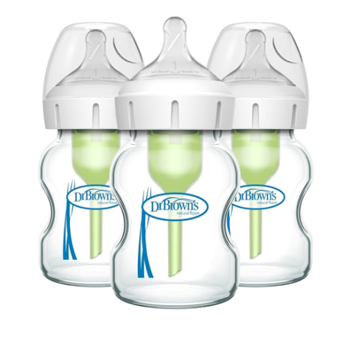 Dr. Brown's Natural Flow Anti-Colic Options+ Wide-Neck Glass Baby Bottles 5 oz/150 mL, with Level 1 Slow Flow Nipple, 3 Pack, 0m+
