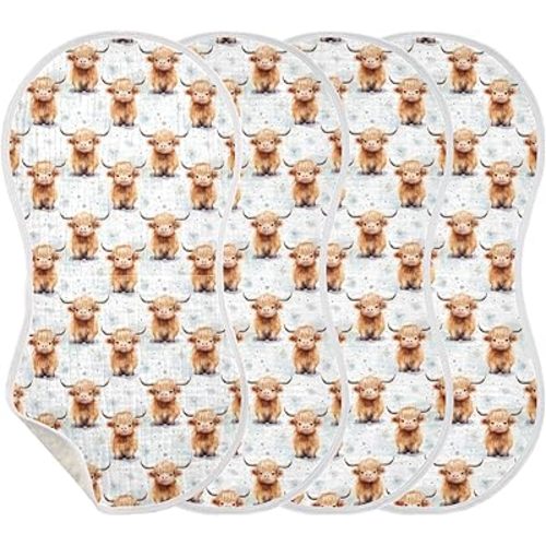 4Pcs Cute Highland Cow Pattern Burp Cloth,Unisex Large Absorbent Soft Cotton Muslin Burping Cloths for Newborn Boys Girls,11x22in,A113324