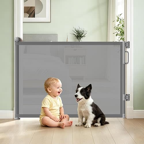 Cideny Retractable Baby Gate for Stairs, 55" Wide Mesh Dog Gate Indoor, 34" Tall Child Gate for Doorways, Hallways, Deck, Indoor Outdoor Pet Baby Safety Essentials for Home, Grey