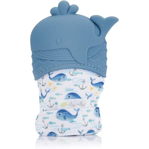 Itzy Ritzy Silicone Teething Mitt - Soothing Infant Teething Mitten with Adjustable Strap, Crinkle Sound & Textured Silicone to Soothe Sore & Swollen Gums - for Ages 3 Months & Up (Whale)