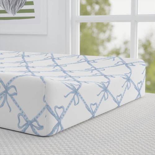 Blue and White Ribbon Baby Changing Pad Cover, Blue & White Bow, Chinoiserie Nursery Changing Pad Cover, Preppy Baby Grandmillenial Nursery (Etsy Shop: Design Carolinas)