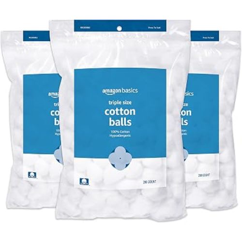 Amazon Basics Cotton Balls, Hypoallergenic, Makeup Remover, Multi-Purpose Use, Baby Care, 600 Count (3 Packs of 200) (Previously Solimo)