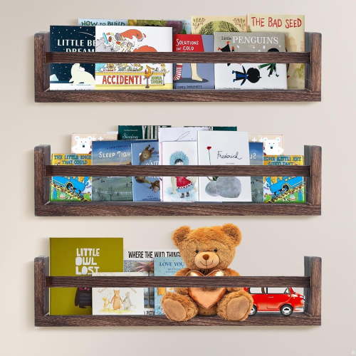 3 Pack Nursery Shelves, 16.5 Inch Nursery Book Shelve, Solid Wood Wall Mounted Shelve for Books, Floating Shelves for Wall Books Living Room Kids Room Decor(Walnut Brown)