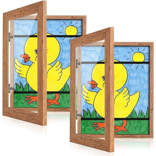 [2-Pack] Kids Art Frames, 8.5x11 Front Opening Kids Artwork Frames Changeable, Dark Woodgrain Artwork Display Storage Frame for Wall, Holds 50 Pcs, for 3D Picture, Crafts, Children Drawing, Hanging