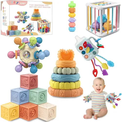 Baby Toys 0-6-12 Months,Montessori Toys for babise 0-6-12-18 Months,Incl Pull String Toy & Shape Sorter & Stacking Building Block & Manhattan ball & Baby Blocks，montessori baby toys for 1 + year
