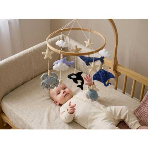 Ocean Sea Baby Mobile - Nautical Nursery Decor: Marine Felt Animals, Wooden Arm & Music Box. Neutral Baby Shower Gift, Crib Cot Hanging Toys