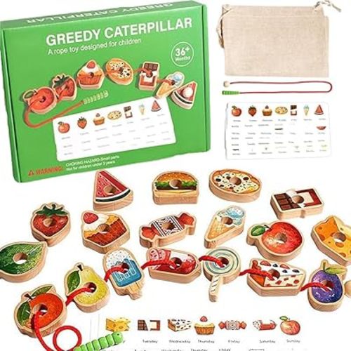 Threading Toys,2025 New Upgrade Wooden Greedy Caterpillar Ropeoy,Lacing Beads Wooden2.5in Fruit & Vegetable Toys with Rope, Montessori Fine Motor Skills Farm,Bag for 3+ Year Old