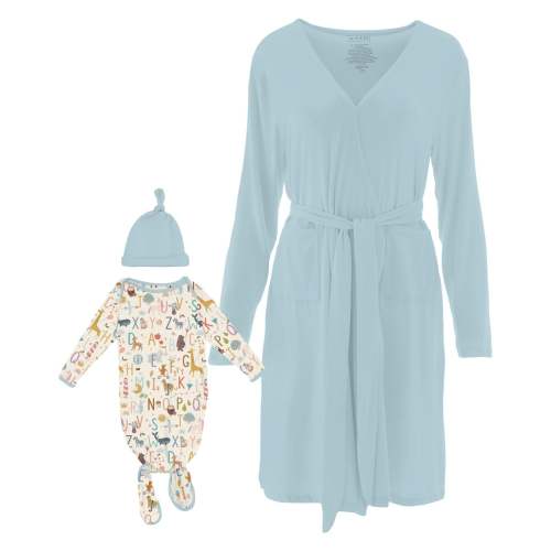 Women's Print Mid-Length Lounge Robe & Knotted Layette Gown Set in Animal Alphabet