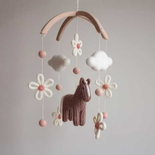 Floral Horse Baby Mobile: Knitted Boho Farm Nursery Decor with Pony, Daisies and Clouds