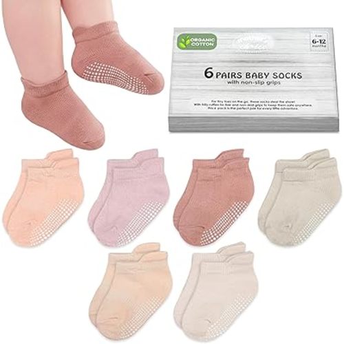Mother's Choice Organic Cotton Ankle Baby Socks 6–12 Months – 6 Pairs, Soft Breathable Non-Slip Socks for Baby Boys & Girls with Anti-Skid Grip
