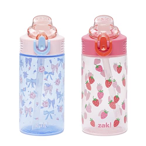 Zak Designs Berry and Bows Sage 16oz Leak-Proof Straw Kids Water Bottle | BPA Free Durable Plastic, Cupholder Friendly, Dishwasher Safe, Easy to Clean, Lid Lock, Handle, For School, Home, Travel