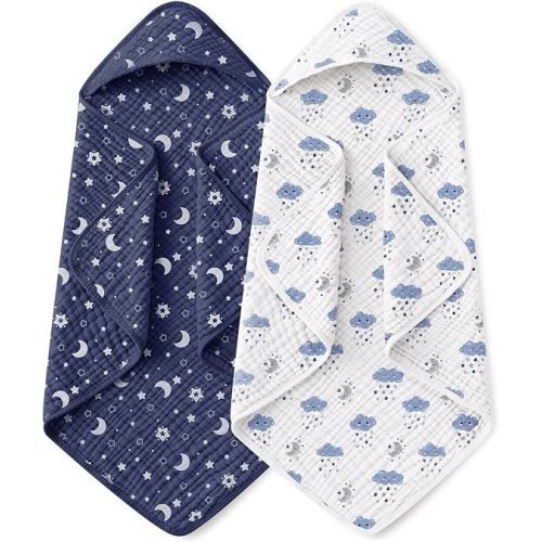 Yoofoss Hooded Baby Towels for Newborn 2 Pack 100% Muslin Organic Cotton Baby Bath Towel with Hood for Babies, Infant, Toddler and Kids, 32x32Inch, Soft and Absorbent Newborn Essential, Blue Clouds