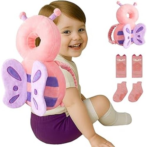 Baby Head Protector Backpack (9 to 24 Months) - Cute Head Guard Pillow with Knee Pads and Socks, Crawling and Walking Safety Set, Toddler Head Cushion Backpack, Gift, Lavender Pink Butterfly