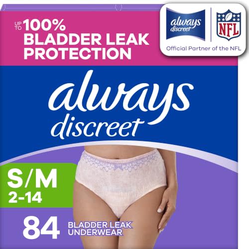 Always Discreet Adult Diapers for Women, Incontinence Underwear, Postpartum Essentials, Disposable Briefs, Max Absorbency, Bladder Leak Protection, Small/Medium, 84ct