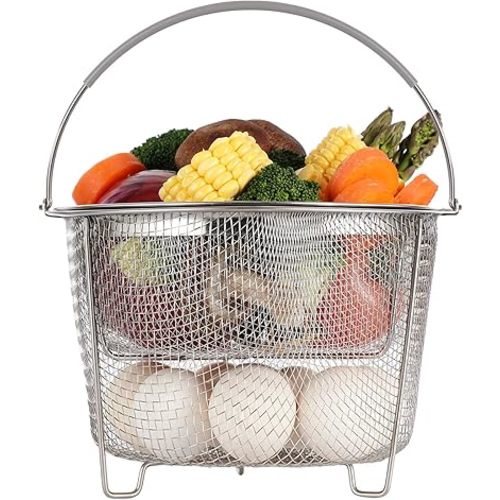 AOZITA Steamer Basket for Instant Pot Accessories 6 qt or 8 quart - 2 Tier Stackable 18/8 Stainless Steel Mesh - Silicone Handle - Vegetable Steamer Insert, Egg Basket, Pasta Strainer,Silver