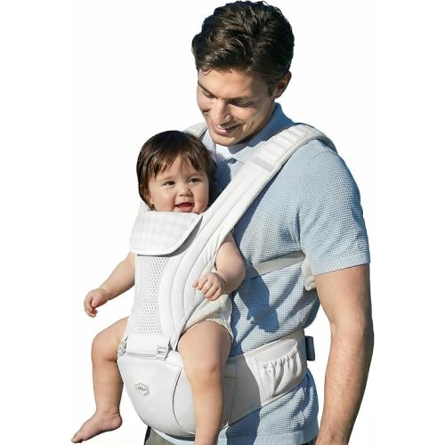 HBR Baby Carrier with Hip Seat, Non-Slip Seat, Air-Padded Shoulder Straps for Less Pressure, 6-in-1 Ergonomic Baby Carrier, Front-Facing, Hands-Free, Up to 45 lbs, 47 in, AirMesh Silver Mist White