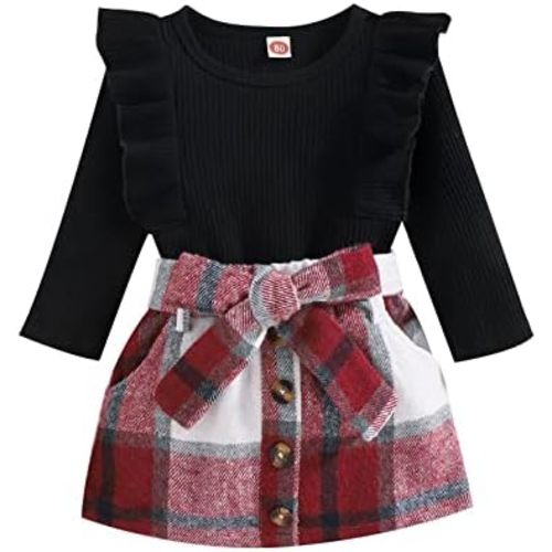 Noubeau Toddler Baby Girls Plaid Outfits Knit Ribbed Sweatshirt Shirt Tops Red Plaid Belt Skirt Fall Winter Clothes