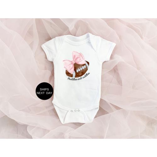Huddles and cuddles football Super Bowl baby outfit baby’s first Super Bowl football baby girl bodysuit Sunday football daddy’s girl shirt