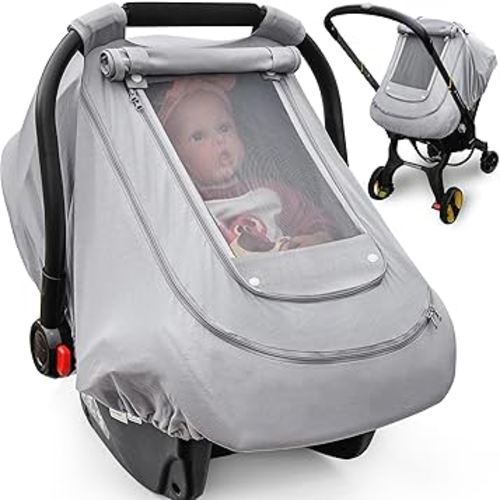 Baby Car Seat Cover for Summer/Spring,100% Organic Cotton Carseat Cover for Babies,Infant Car Seat Cover Canopy for Boys& Girls, Lightweight & Breathable (Gray)