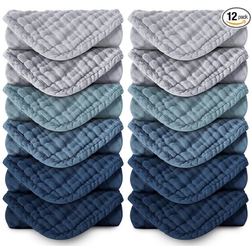 MOON PARK Baby Washcloths, 12 Pack - 12x12 Inches, Small Burp Cloths and Baby Wipes - 100% Cotton Muslin Ultra Soft for Newborn, Infant and Toddlers - Slate, Grey and Navy Series
