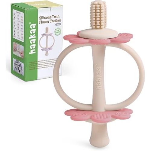 Haakaa Silicone Twin Flower Teether for 3M+ Babies, Easy to Grip, Rosehip