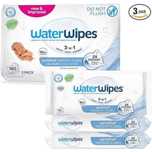 WaterWipes Sensitive+ Newborn & Baby Wipes, 3-In-1 Cleans, Cares, Protects, 99.9% Water, Unscented & Hypoallergenic, 180 Count (3 Packs)