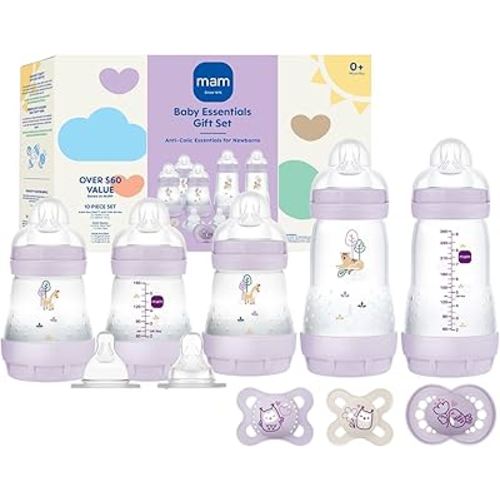 MAM Newborn Essentials Must Have for 0-3 Months, Matte Feeding Set, Easy Start Anti-Colic Bottles 5oz, Self-Sterilizing, Baby Gift, Pacifiers, Skinsoft Silicone Nipples, 10 Pieces for Girl