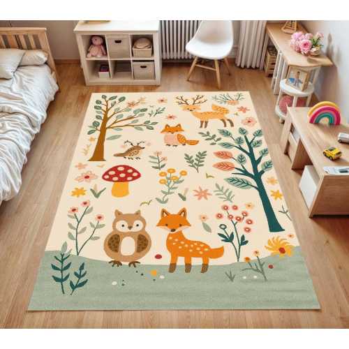 Woodland Animals Kids Rug: Washable Forest Theme Nursery Carpet with Fox, Deer & Owl
