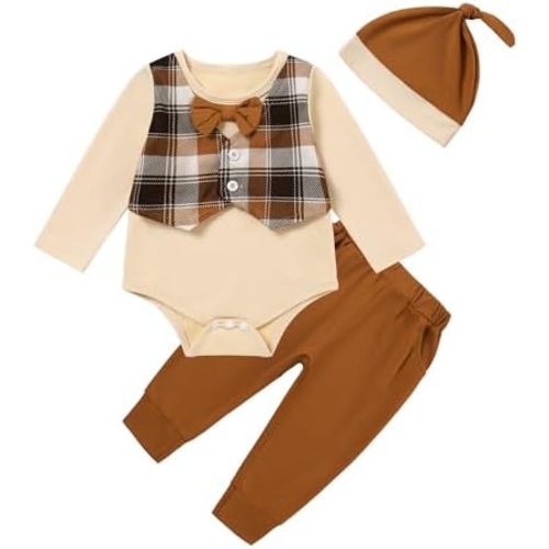 Baby Boy Clothes Newborn Plaid Print Long Sleeve Romper with Fake Vest + Pants + Hat Infant Outfit 3-Piece Set