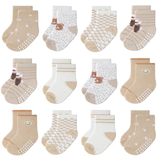 JAKIDAR Baby Toddler Grip Socks, 12 Pairs Non-Slip Crew Cotton Socks for Girls Boys