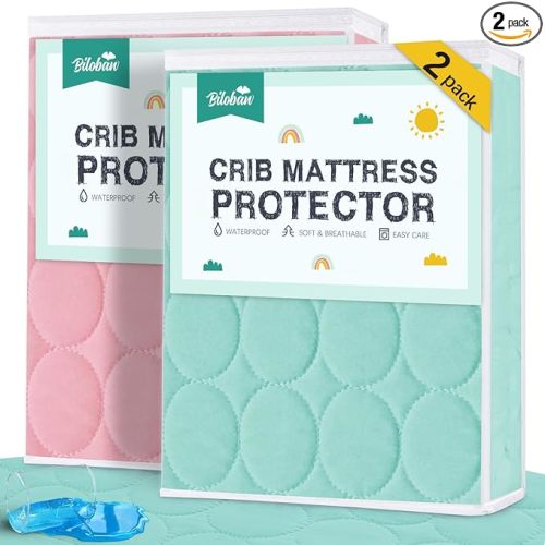 Crib Mattress Protector Sheets Waterproof 2 Pack, Quilted Crib Mattress Pad Cover Fitted Fits for Baby Toddler Bed Mattress, Aqua & Pink, 52” x 28”