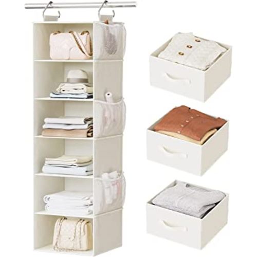 Pipishell Hanging Closet Organizer 6-Shelf, Hanging Shelves for Closet with 3 Removable Drawers & Side Pockets, Hanging Shelf Organizer for Bedroom or Garment Rack, 12'' x 12'' x 43.3'', White