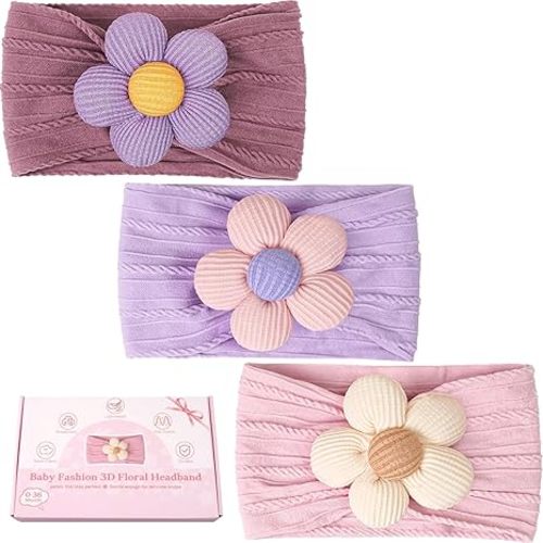 CÉLLOT 3 Pcs Baby Girl Headbands with Flower Nylon Headbands Soft Stretchy Headwear Hair Accessories for Newborn Infant Toddler Kids (Pink Beige Salmon)