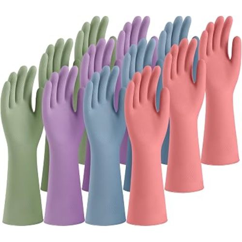 Rubber Cleaning Gloves for Dishwashing, 12 Pairs Reusable Kitchen Gloves for Washing Dishes and Household Cleaning, Colorful Gloves with Flocked Lining and Non-Slip Grip, Perfect for Women Men - M