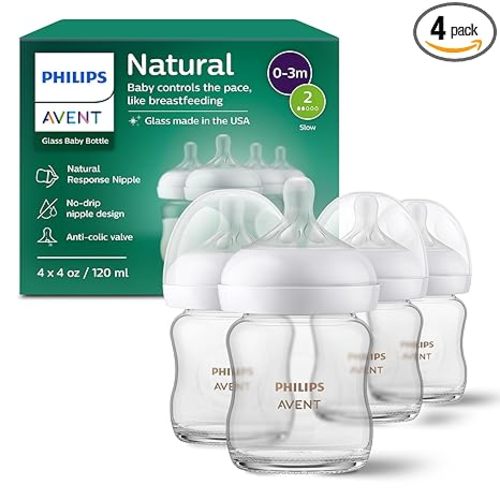 Philips Avent Natural Glass Baby Bottles with Natural Response Nipples (Slow Flow, Flow 2), 4oz, 4-Pack, SCY910/04