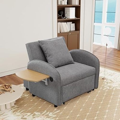 KEIKI 3-in-1 Convertible Chair Bed with USB & Computer Board, Single Sofa Sleeper Recliner, Adjustable Backrest Linen Pull Out Sofa Couch for Guest Room, Living Room, Apartment, Gray