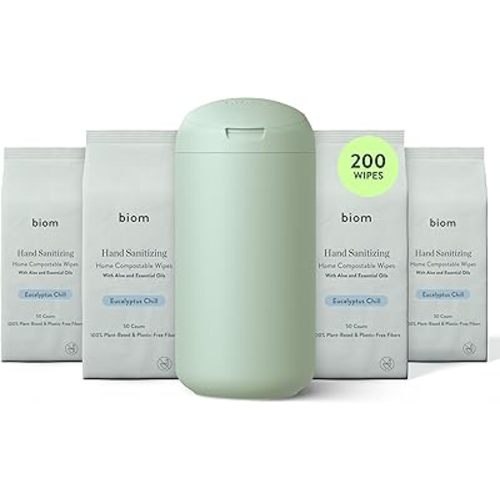 Biom Hand Sanitizing Wipes Starter Kit - 4pk(200 Total) Eucalyptus Scent Wipes + Refillable BPA-Free Dispenser-Biodegradable, All Natural, Plant-Based, Non-Toxic Wet Wipes with Aloe for Soft Skin