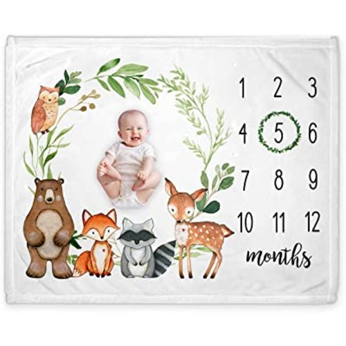 Yuzioey Baby Monthly Milestone Blanket - Woodland Forest Animals, Gift for New Moms, Baby Shower, Watch Me Grow, Greenery Woodland Nursery Decor, Includes Marker (50"x40")