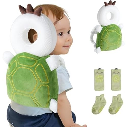 Baby Head Protector Backpack (9 to 24 Months) - Cute Head Guard Pillow with Knee Pads and Socks, Baby Shower Gift, Baby Safety Set, Toddler Head Cushion Backpack, Baby Gift, Green Turtle