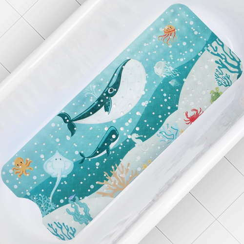Baby Bath Mat, Cartoon Kids Bathtub Mat Non Slip for Toddler Bath Shower Anti Slip, 40In X 16In with Drain Holes and Suction Cups Machine Washable, Blue Sea Animals