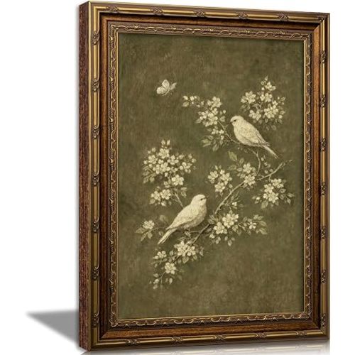 Vintage Gold Framed Bird Wall Art, White Flowers Botanical Oil Painting Canvas Print, Rural Animals Picture Wall Decor, Rustic Farmhouse Poster Artwork for Living Room Bedroom