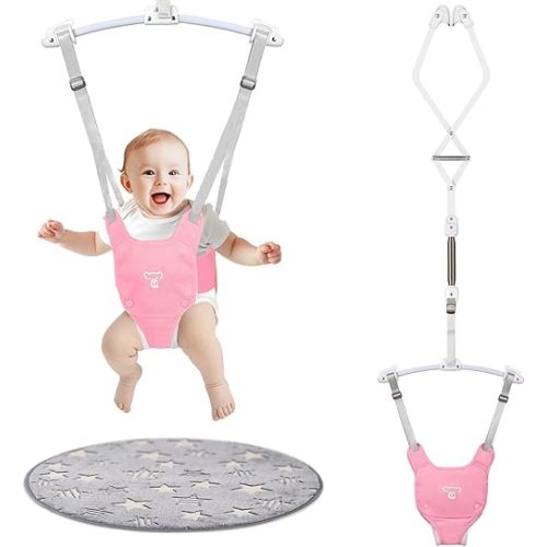 Baby Jumper, Baby Jumper Doorway with Adjustable Strap, Easy to Assemble, with a Soft Rug (Pink)