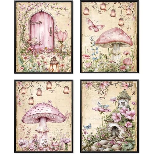 Locomiss Pink Fairy Enchanted Forest Mushroom Wall Art Decor, Fantastic Cottagecore Floral Mushroom Fairy Garden Cabin Pink and Green Prints Posters for Girls Room Wall Decor, Set of 4 (8x10 Unframed)