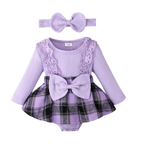 KAFIREN Baby Girl Clothes Fall Winter Outfit Plaid Romper Long Sleeve Dress Lace Ruffles Bodysuit with Bow Headband