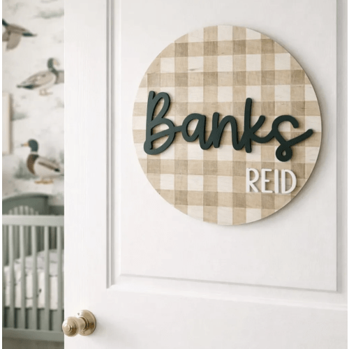Checkered Wood Nursery Name Sign – Gingham Round Baby Name Plaque
