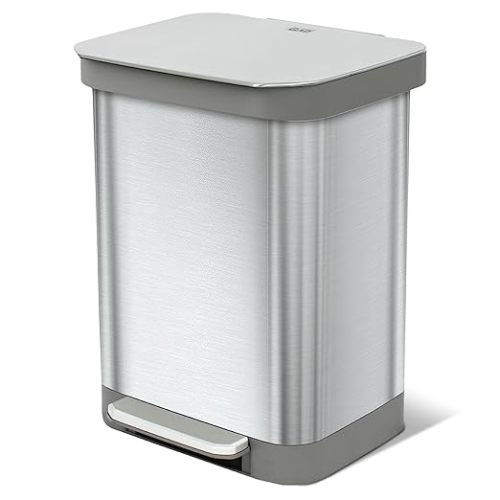 Glad 13-Gallon Stainless Steel Step Trash Can with Clorox Odor Protection, Soft Close Lid, Foot Pedal & Waste Bag Holder – Large Indoor Metal Garbage Bin for Kitchen, Home & Office Use