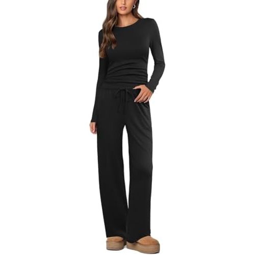 Ekouaer Women's 2 Piece Lounge Sets Pajama Set Long Sleeve Ruched Waist Top and Wide Leg Tracksuits Fall Outfits with Pockets