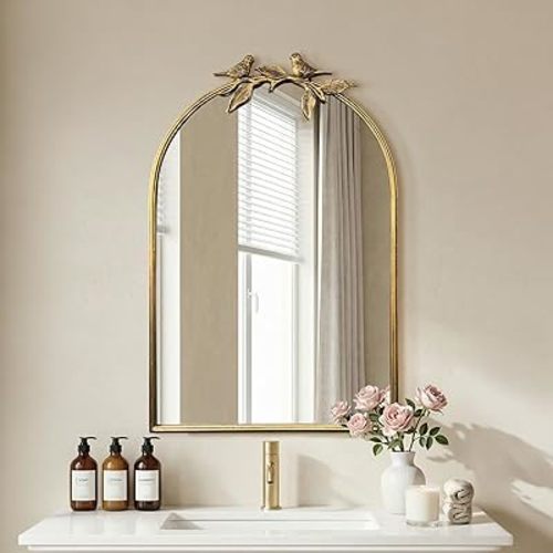 Gold Baroque Vintage Mirror for Vanity 36x24Inch Gold Antique with Ornate Frame, Arched Vintage Wall for Bathroom, Living Room, Fireplace, Entryway