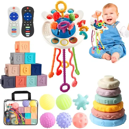 Lauon 5 in 1 Montessori Baby Toys Set for Ages 6-36 Months, Pull String Teether, Stacking Blocks, Sensory Shapes & Teething Simulation Remote Control,Baby Gifts(5PCS)