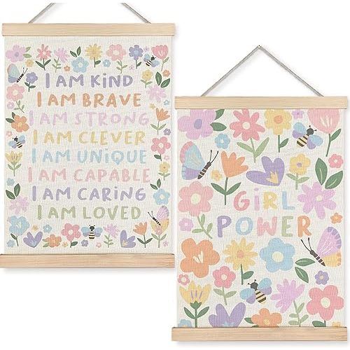 URLLUAE Girls Nursery Wall Decor, Colorful Flower Girly Wall Art With Wooden Poster Hanger, Pastel Floral Inspirational Canvas Prints Posters for Girls Room Nursery Playroom, 12x16 Inch Set of 2